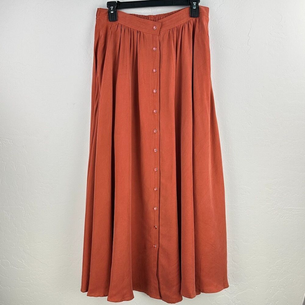 Vtg Karen Kane Maxi Skirt Womens 14 Pink Twill‎ A-Line Elastic Waist Snap Front